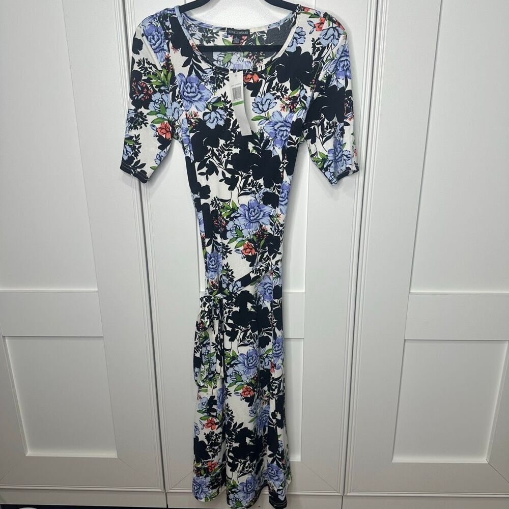 NWT Nina Leonard Dress Large Midi Floral Tie Waist (w1)